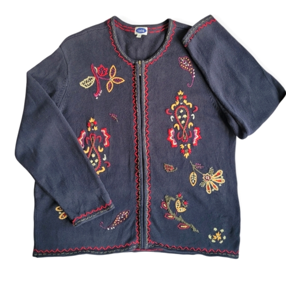 90s Boho Floral Embroidered Cardigan Navy Blue XL 12-14